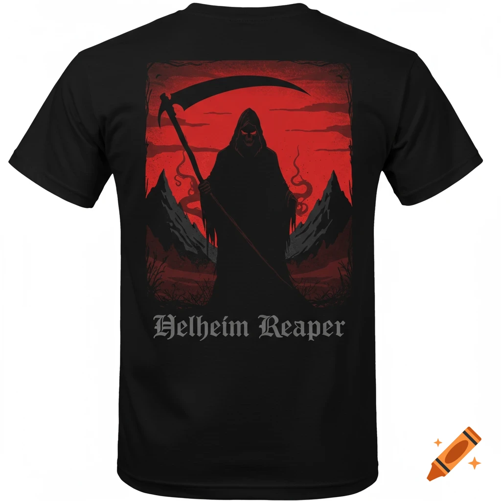 Black t-shirt with a dark fantasy design of a grim reaper holding a scythe with mountains and a red sky in the background, and text 'Helheim Reaper' below.