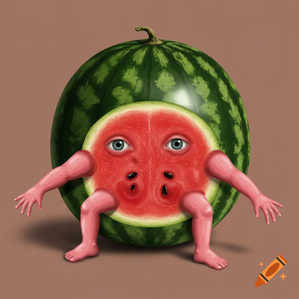 A watermelon with human arms, legs, and eyes stands on a brown background.
