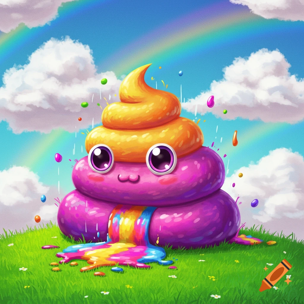 A colorful cartoon poop character with big eyes sits on grass under a rainbow sky.