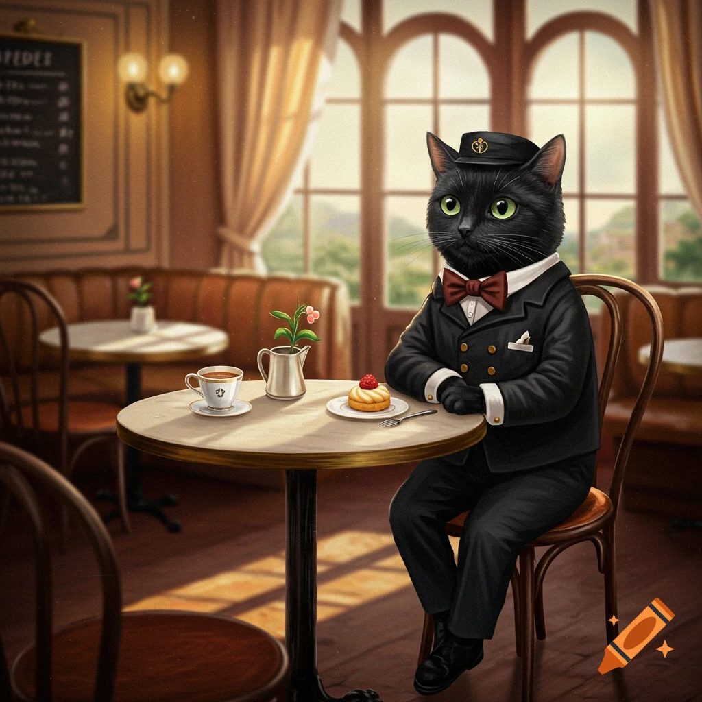A black cat dressed in a suit sitting at a table in a cafe.