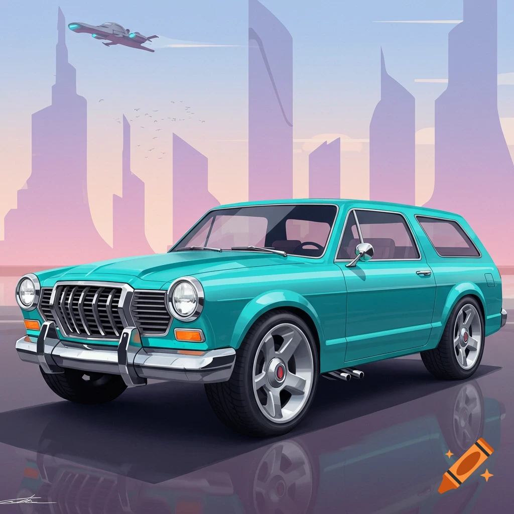 A turquoise retro-style car is parked on a road in front of a futuristic city skyline under a bright sky, with a sci-fi vehicle flying overhead. Digital art.