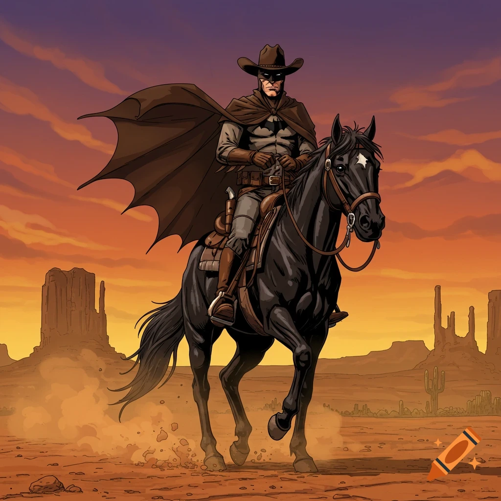Comic art illustration of Batman as a cowboy riding a horse through a desert landscape at sunset.