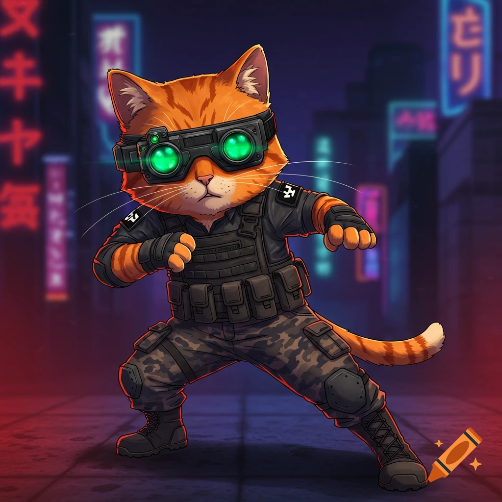 Anime orange tabby cat in tactical gear with glowing goggles in a neon city street.