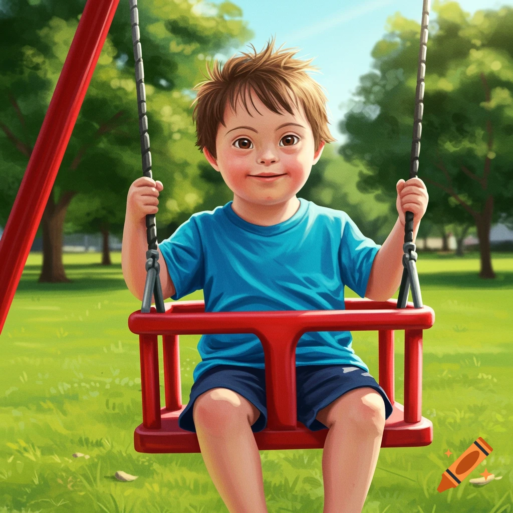 A young boy with Down syndrome smiles while sitting on a red swing set in a sunny park.