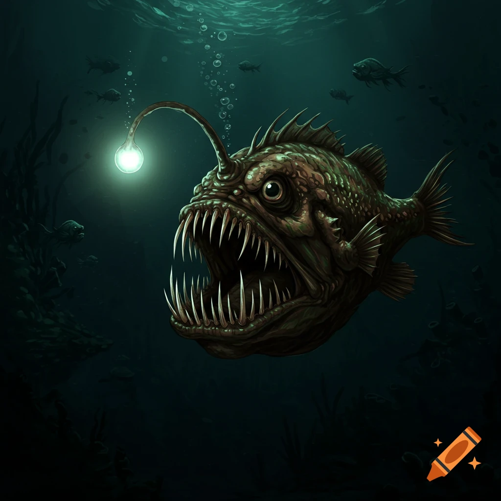 A fierce-looking anglerfish with a glowing light organ, swimming in the deep dark ocean.