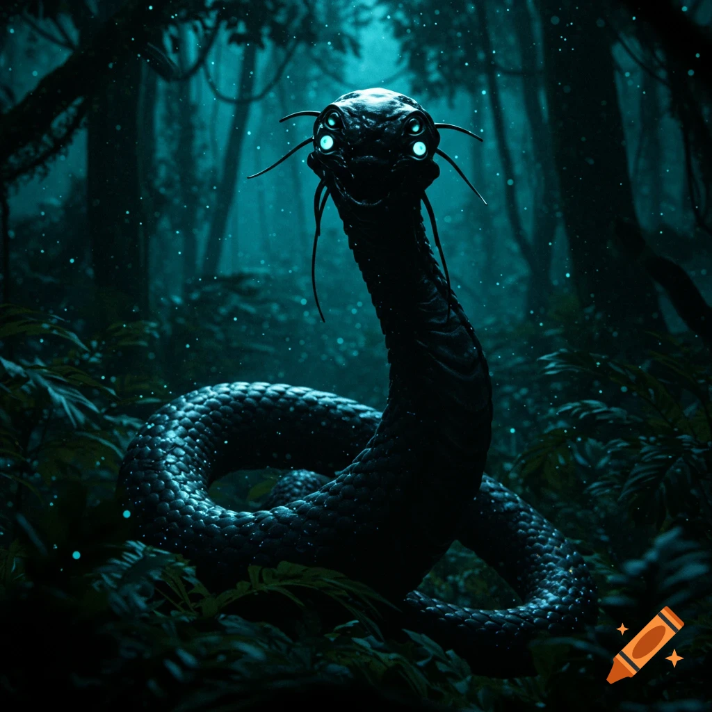 A monstrous multi-eyed snake creature in a dark, bioluminescent jungle.