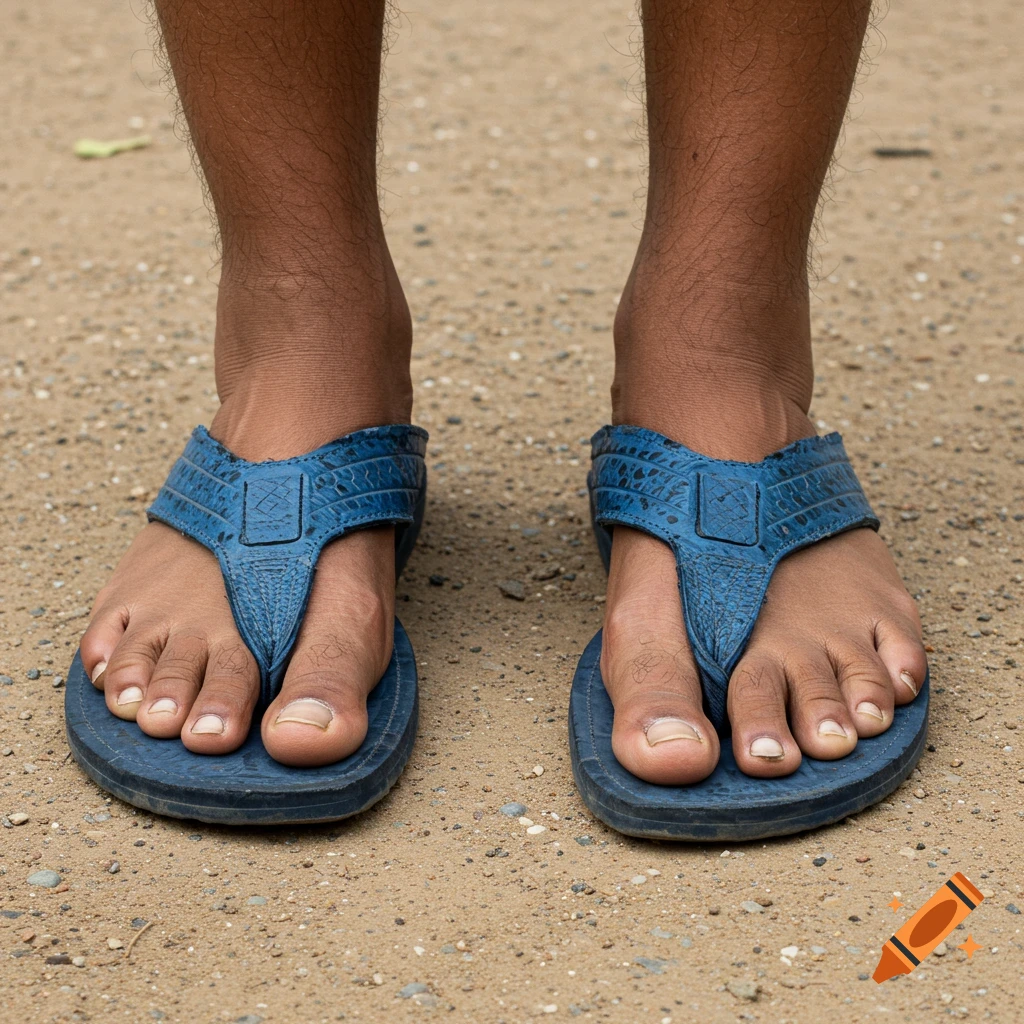 Close-up of a person's feet wearing blue recycled tire sandals on the ground.