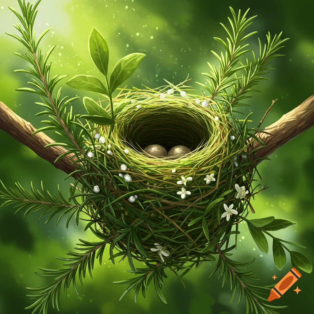 A bird's nest with two eggs among green leaves and branches.
