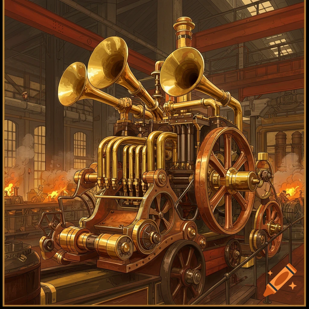 A large steampunk machine with golden horns in a factory.
