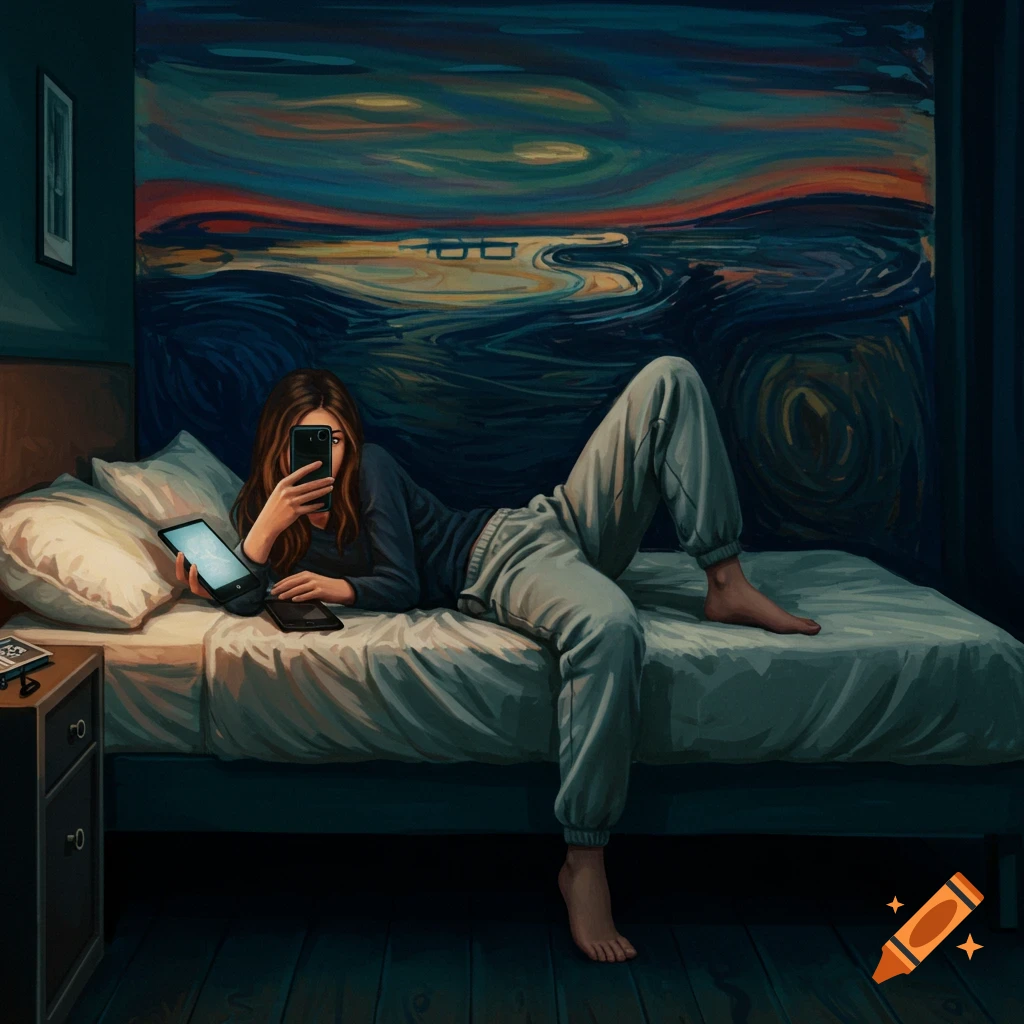 A woman lies on a bed looking at her phone, with a large painting in the style of The Scream behind her.