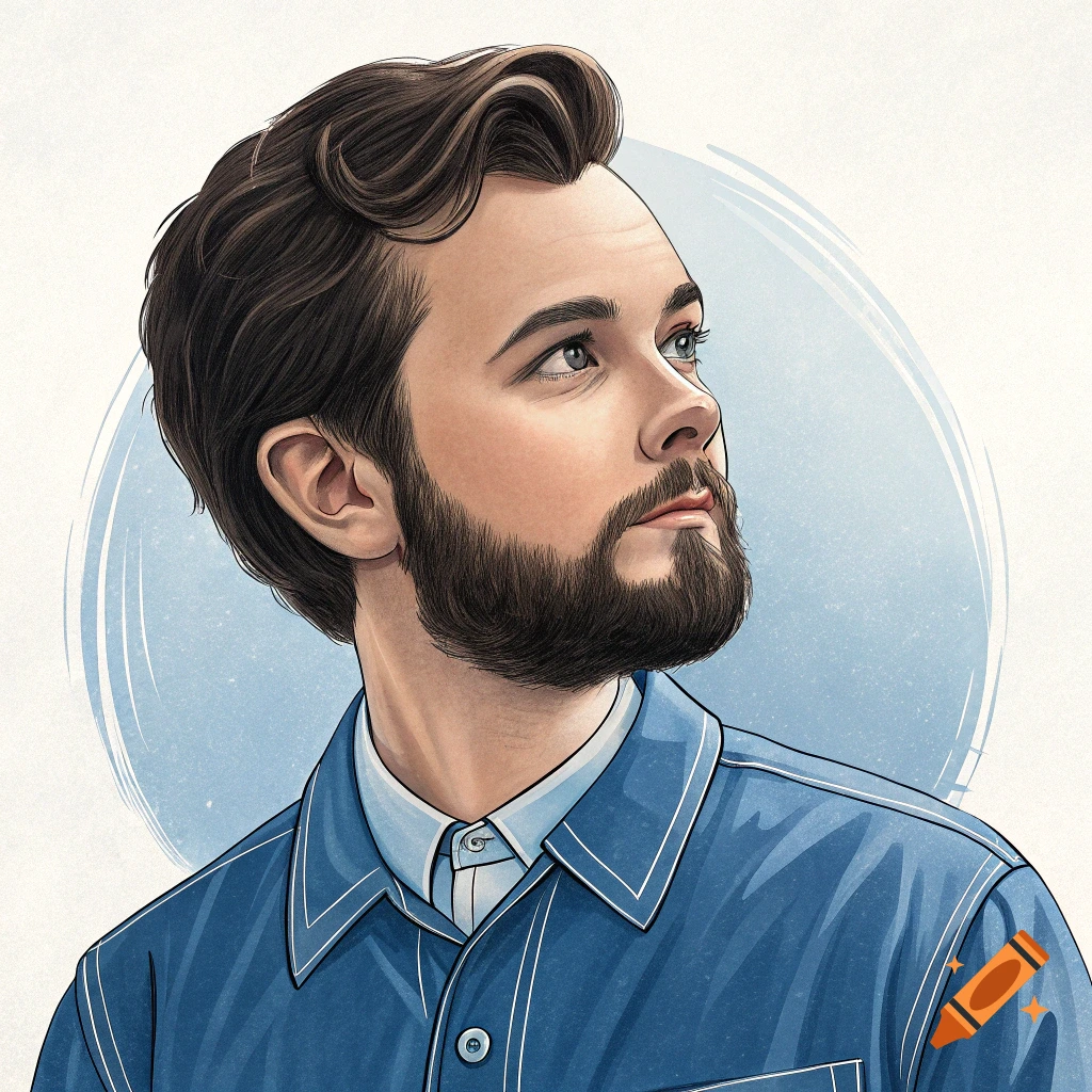 Illustration of a man with a beard looking up