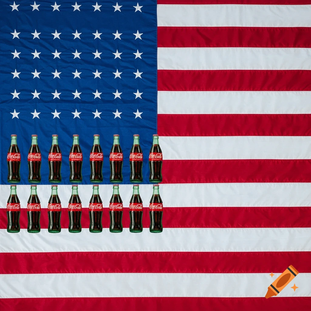 An American flag with green glass Coca-Cola bottles arranged in place of the stars.