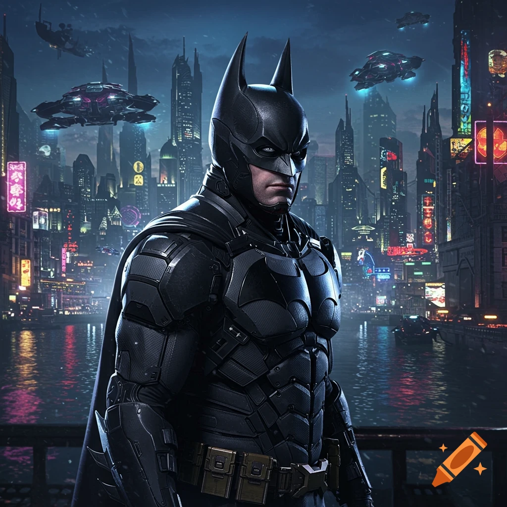 Batman stands in a futuristic city at night with flying vehicles