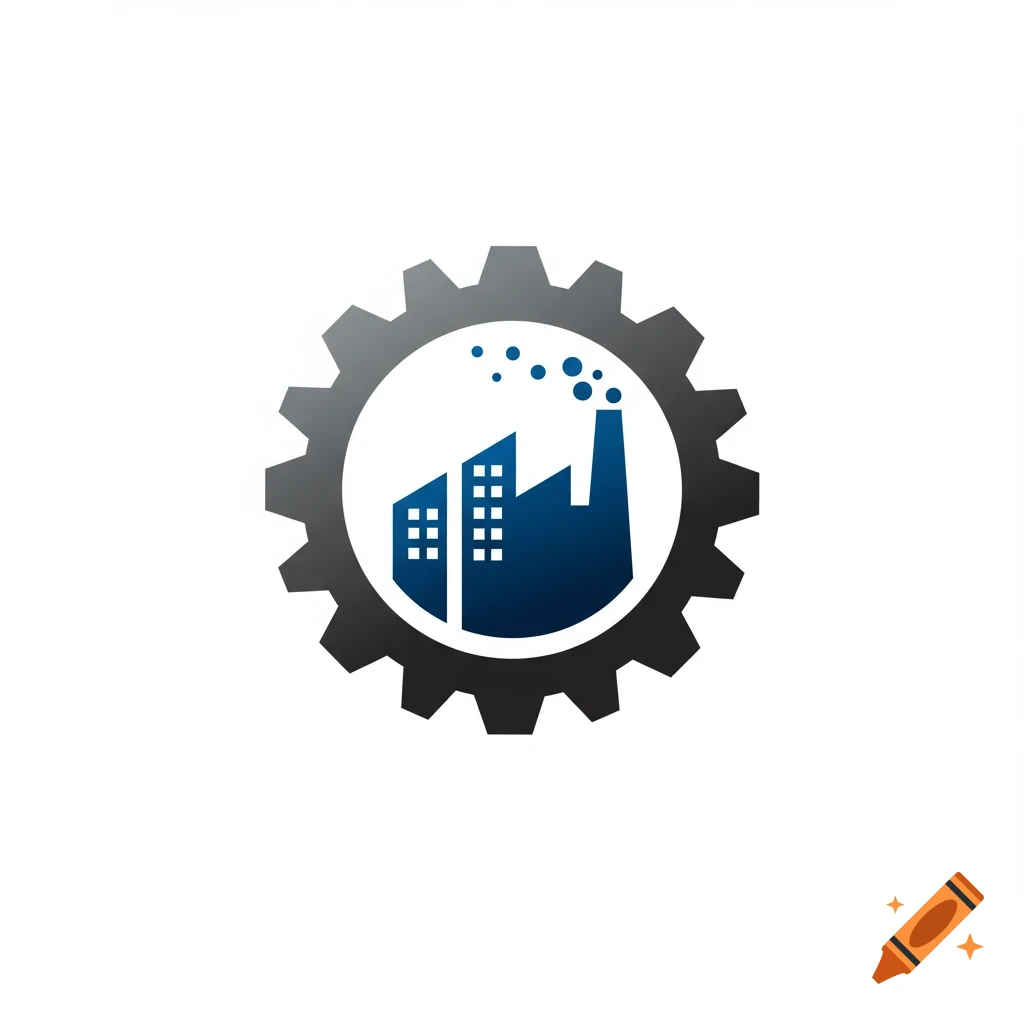 Logo design showing a gear surrounding a factory building with smokestacks.