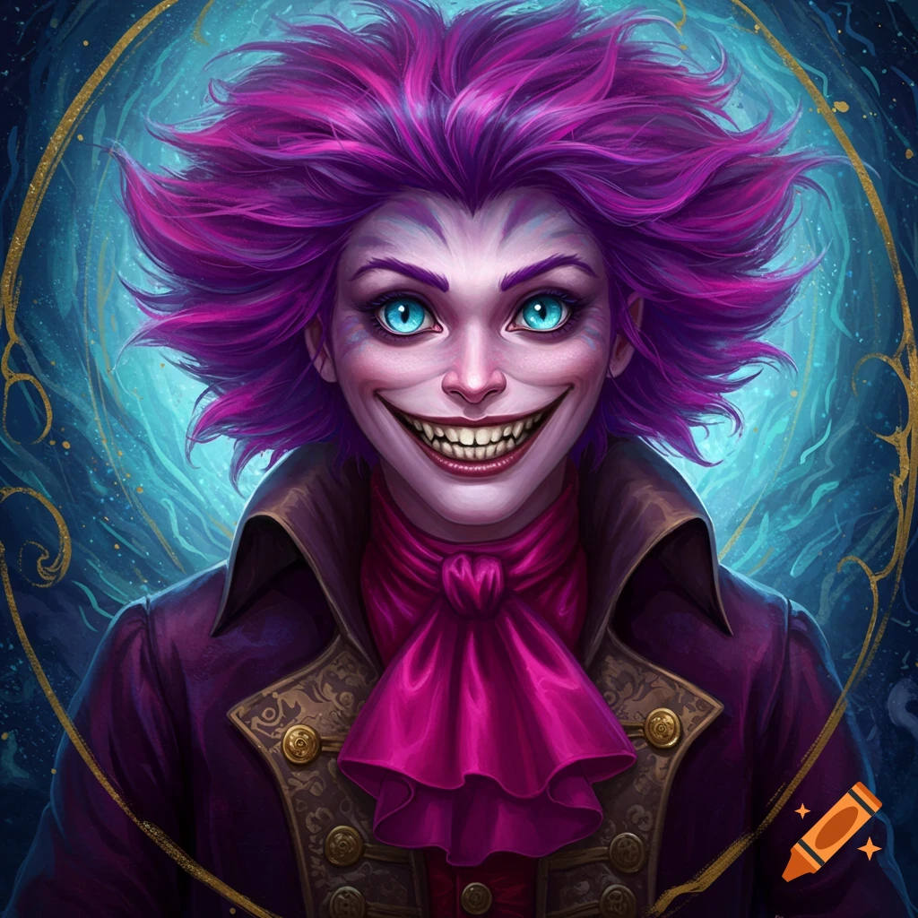 Portrait of a human version of the Cheshire Cat with purple hair and a wide grin.