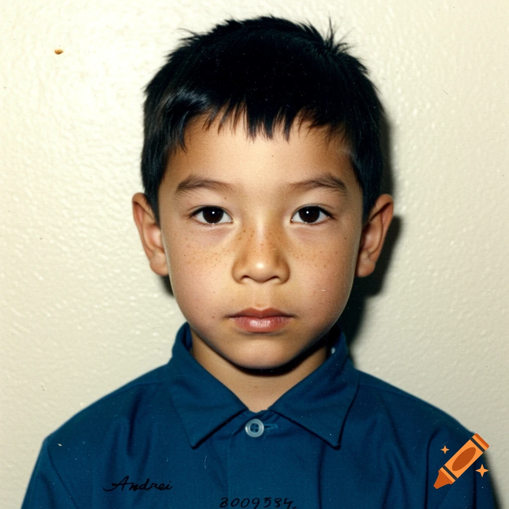 A young boy with freckles looks directly at the camera, wearing a dark blue uniform shirt.