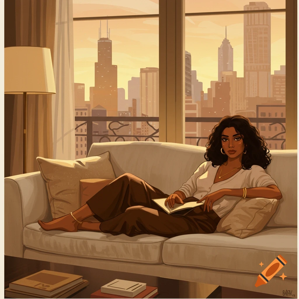 A woman relaxing on a couch in an apartment with a city skyline view.