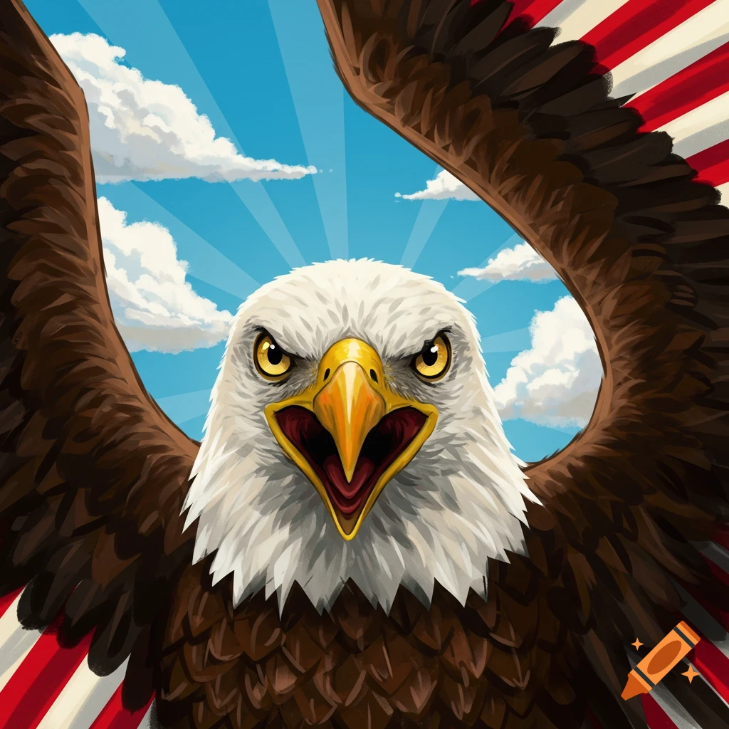 A bald eagle with spread wings and open beak is depicted against a patriotic background.