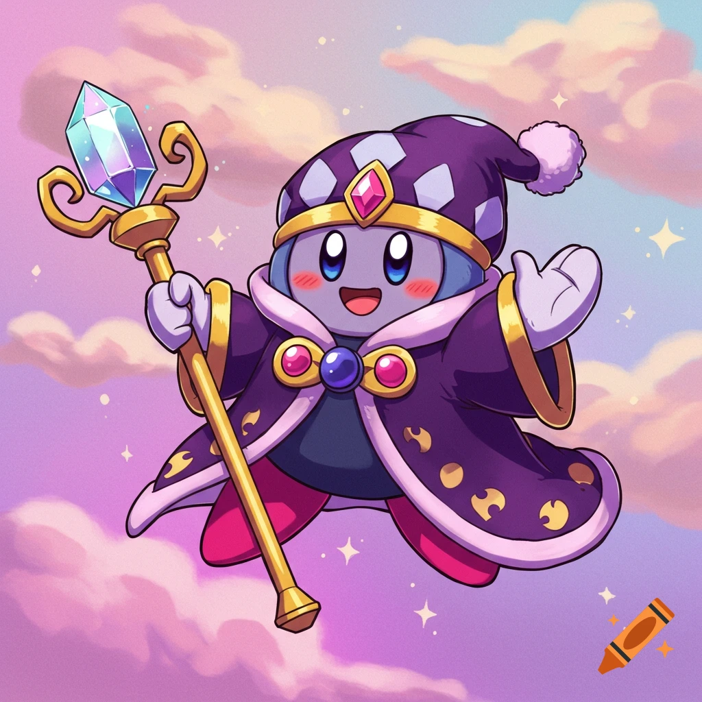A cartoon character resembling Taranza from Kirby, wearing a purple wizard outfit and holding a staff, floats in a cloudy sky.
