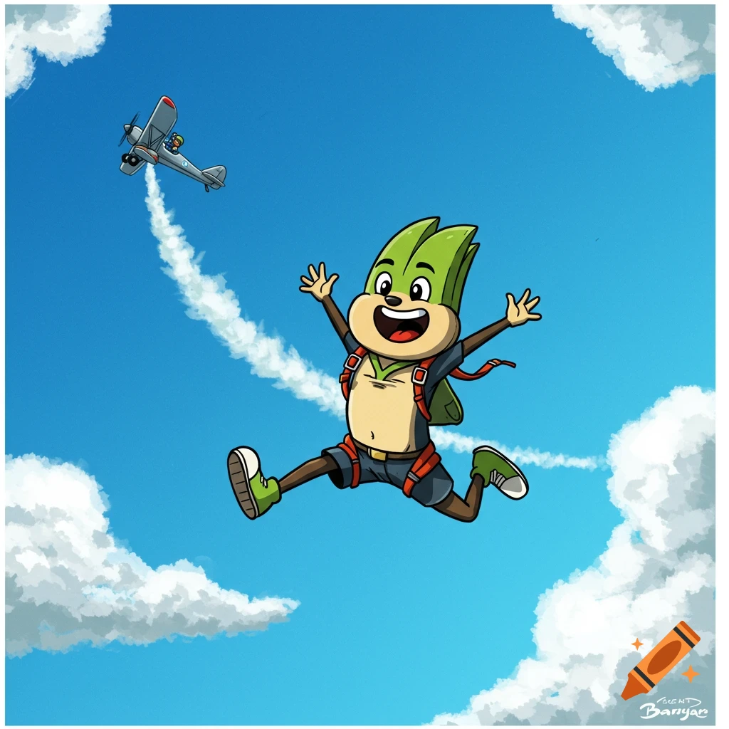 A cartoon mascot jumps from an airplane.