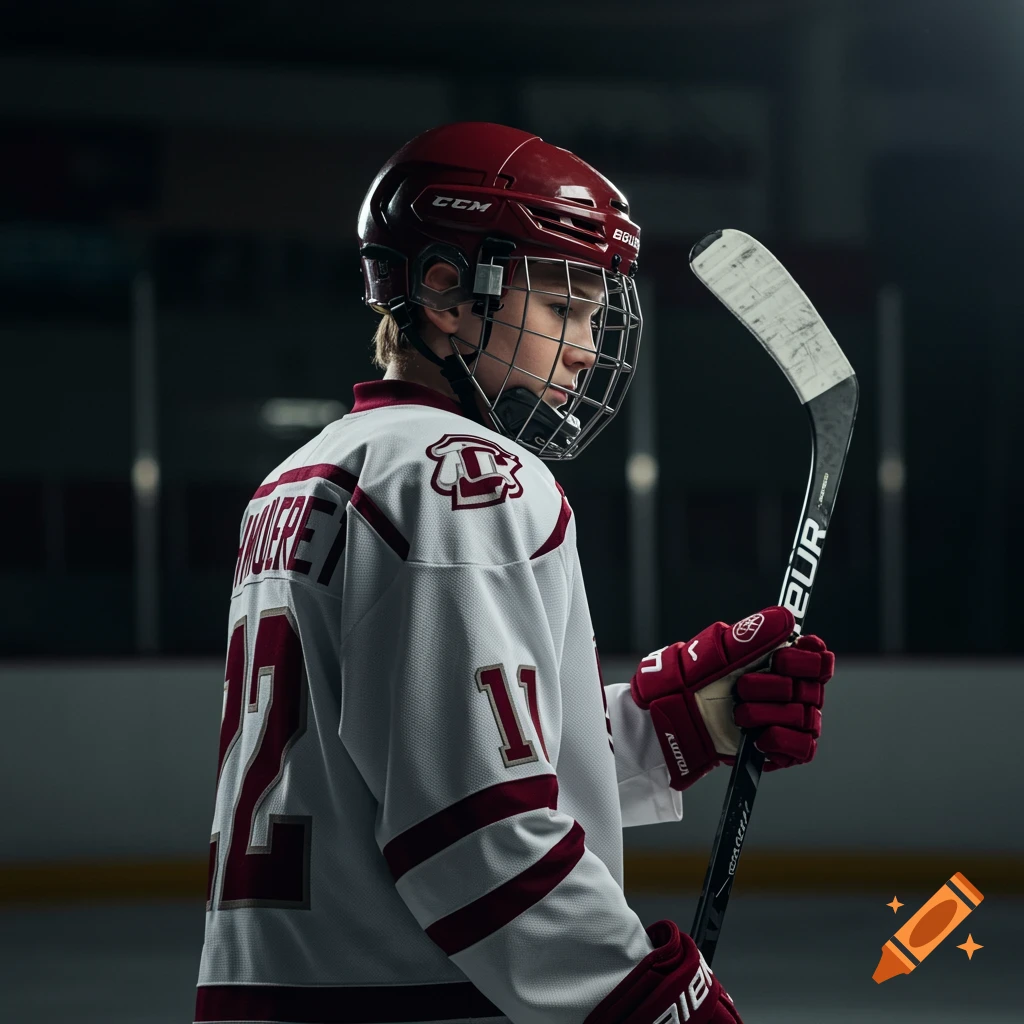 A young hockey player in a white and maroon jersey stands on the ice, holding a stick.