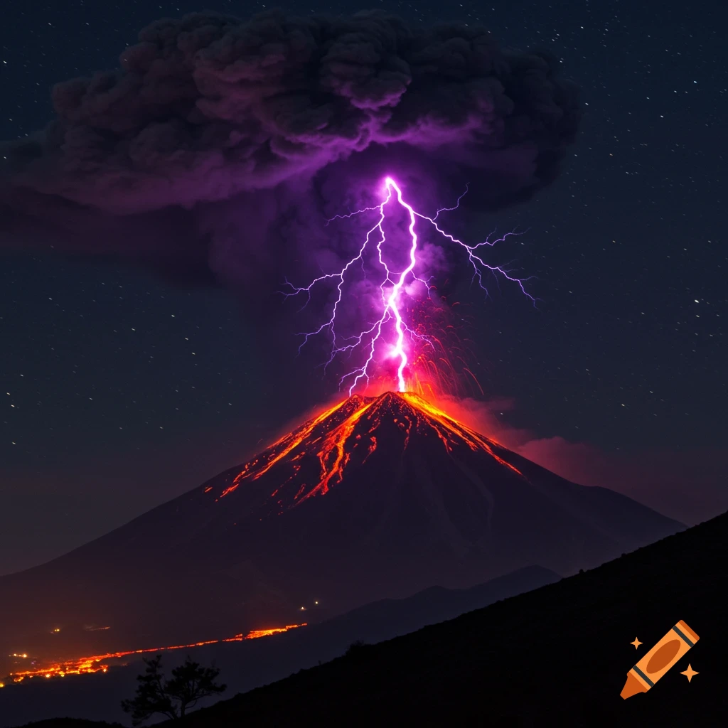 Volcano erupting at night with purple lightning in a dark smoke cloud, lava flowing down the slopes, and stars visible.