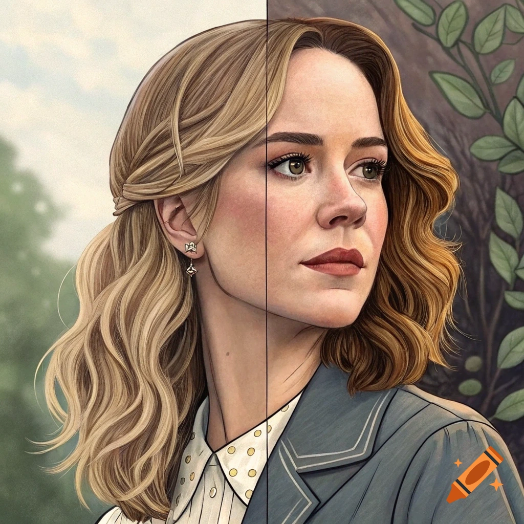Portrait of a woman with blonde hair looking left, with a split style and background.