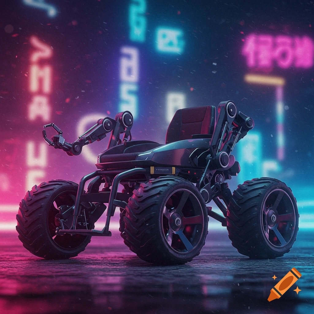 A futuristic mech wheelchair in a cyberpunk city with neon lights.