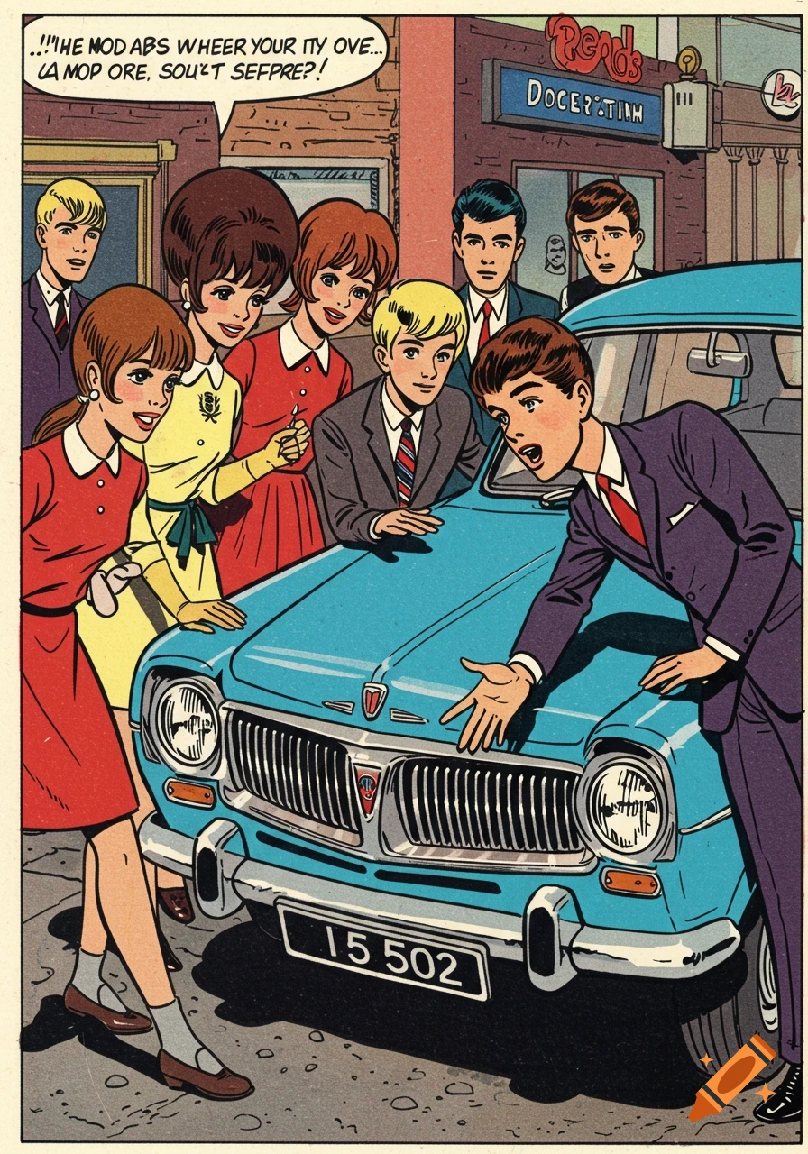 Comic book illustration of a group of Mods standing around a blue vintage car.