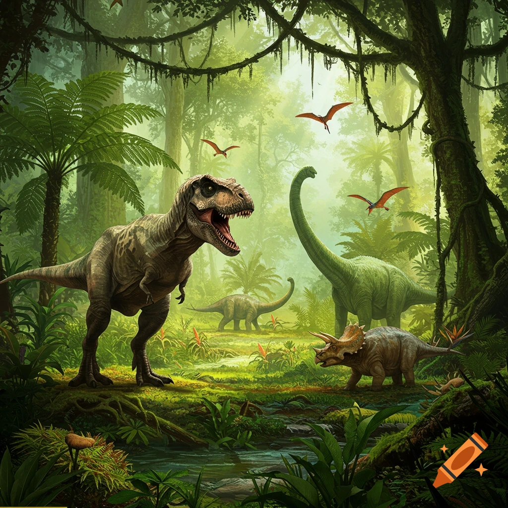 Dinosaurs including a T-Rex, Brachiosaurus, and Triceratops in a lush prehistoric jungle.