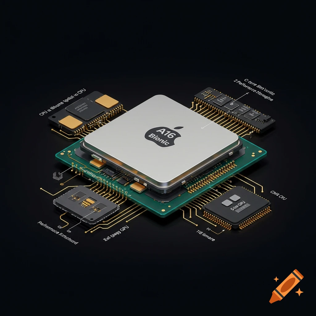 Isometric view of an Apple A16 Bionic chip on a circuit board with labels pointing to components.
