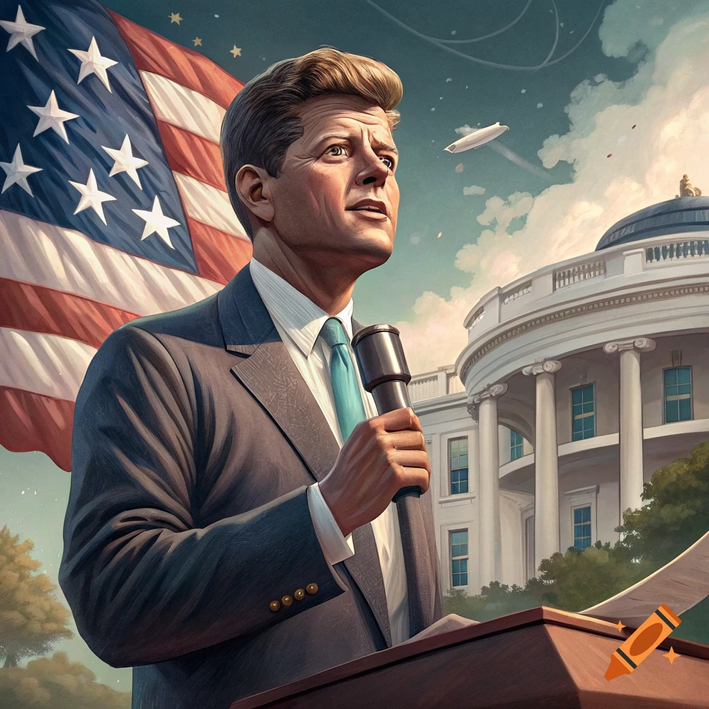 John F. Kennedy giving a speech in front of the White House and US flag, in a Civ 6 style.