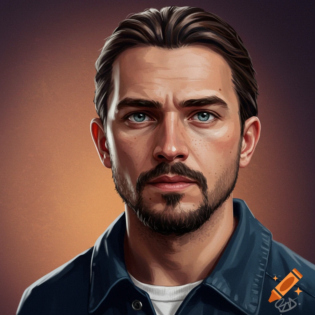 A portrait of a man with a beard and blue eyes.