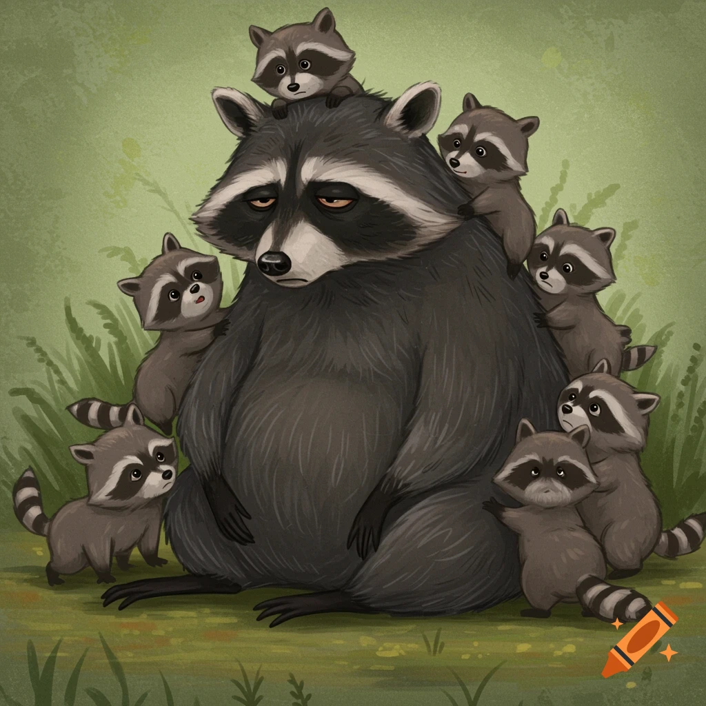 Cartoon of a tired father raccoon surrounded by playful baby raccoons.