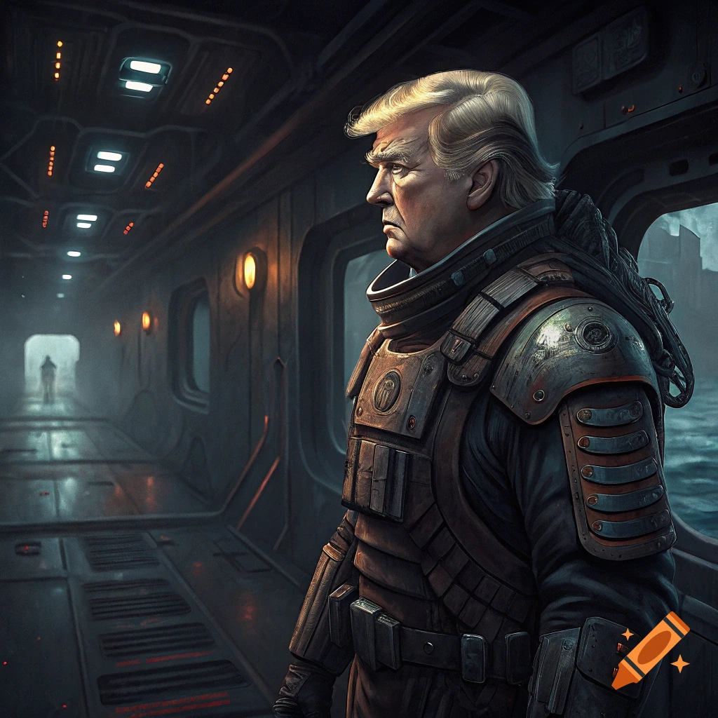 Portrait of Donald Trump in futuristic armor in a sci-fi hallway overlooking a sea.