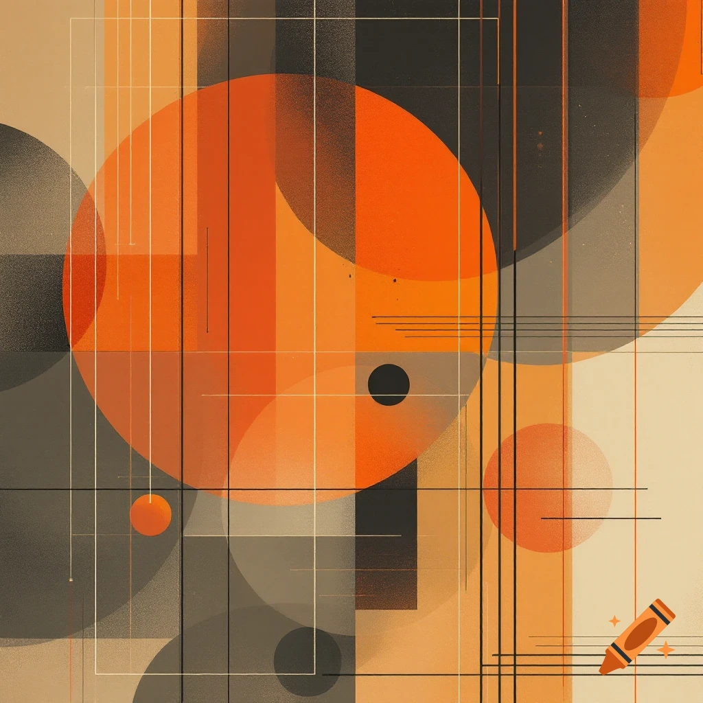 Abstract geometric design with orange circles and grey shapes intersected by lines
