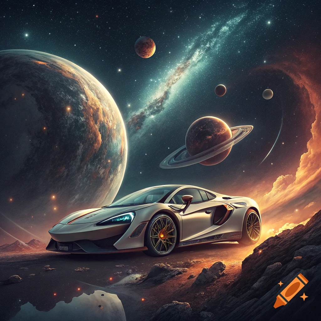 A white sports car sits on a rocky alien surface with large planets and nebula in the background.