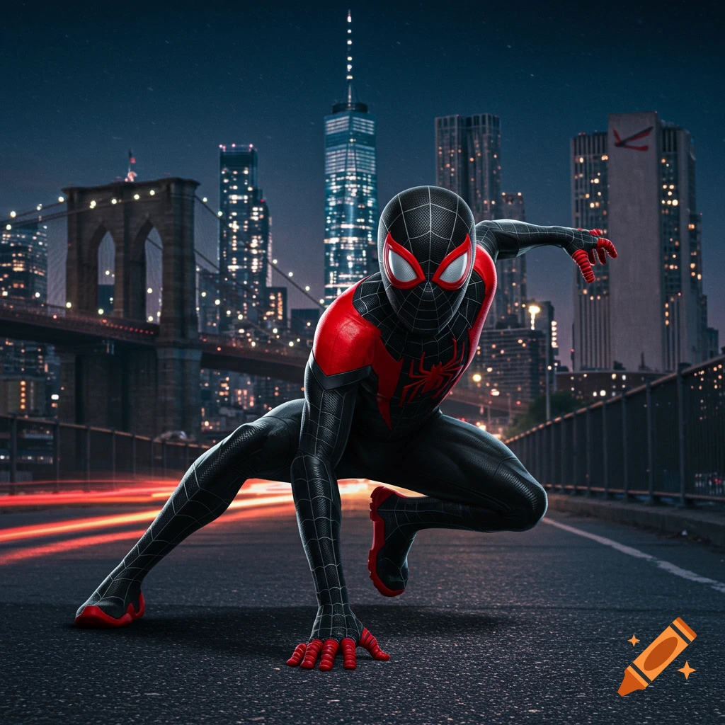 Miles Morales in his black and red suit crouches on a road at night with a city skyline and bridge in the background.