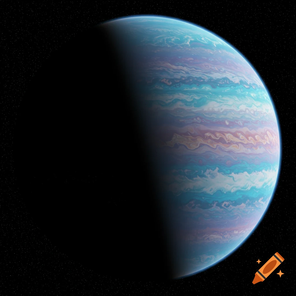 A distant exoplanet in space, showing colorful blue, pink, and purple bands swirling across its surface against a starry black background.