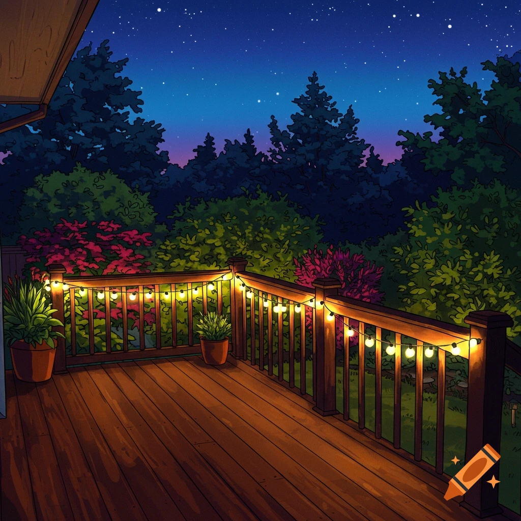 A wooden deck lit by string lights overlooks a lush garden and forest under a starry night sky.
