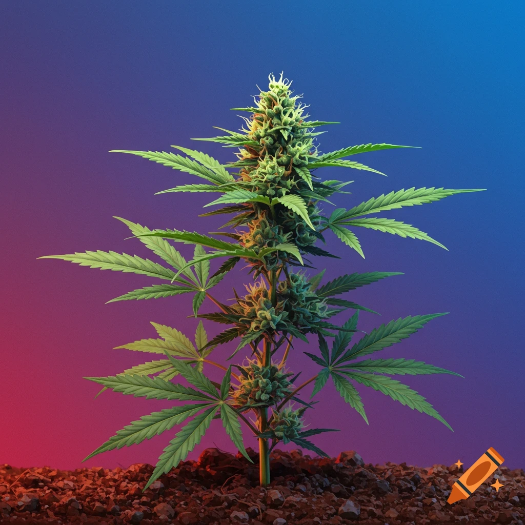 A cannabis plant with buds and leaves grows from soil against a red-purple and blue background.