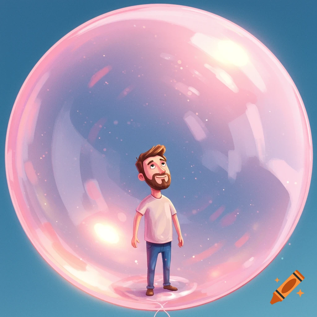 An illustration of a man standing inside a giant pink bubble against a blue sky.