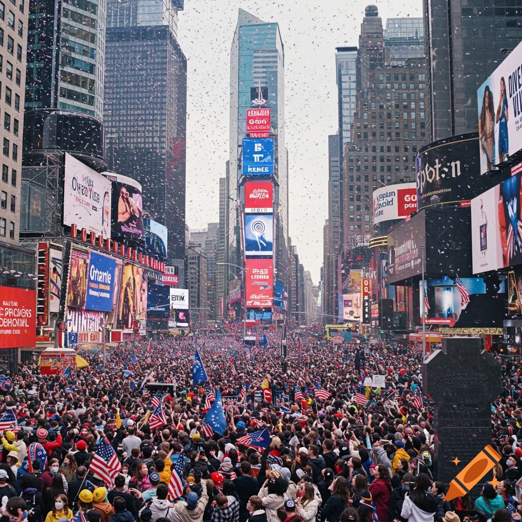 Photojournalistic shot of a large crowd celebrating in Times Square, New York City with confetti.