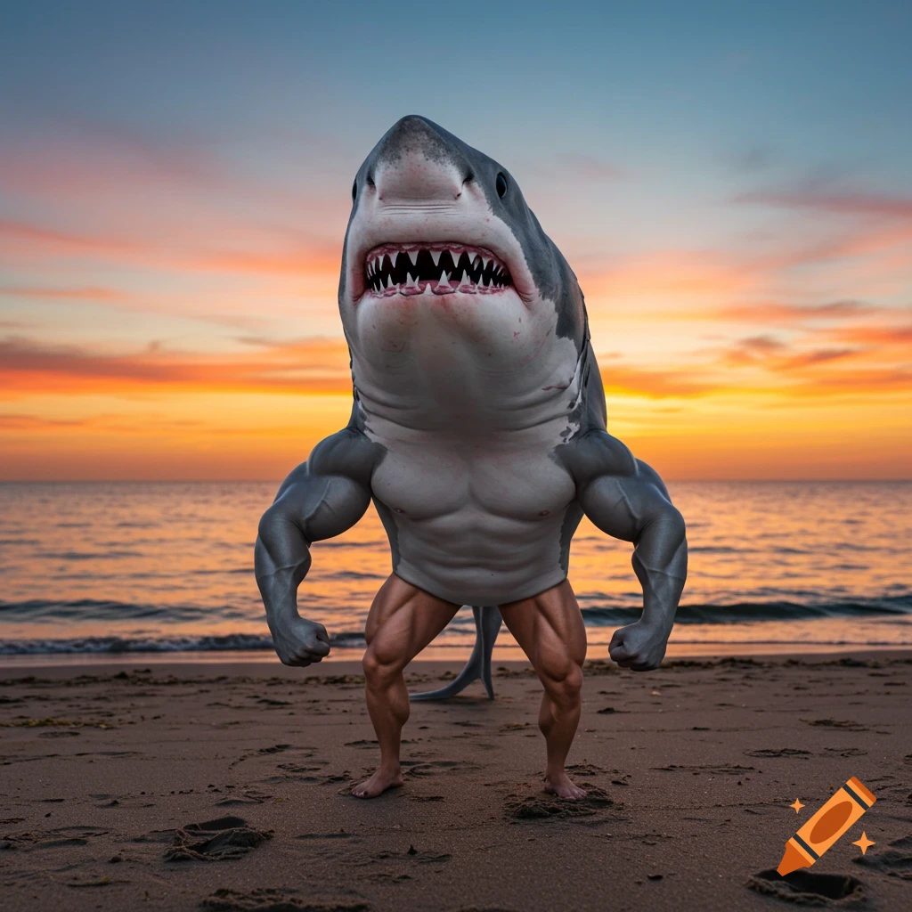 Muscular shark standing on a beach at sunset