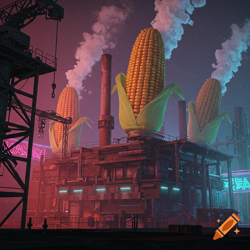 Giant corn cobs serving as smokestacks on a reddish industrial building.
