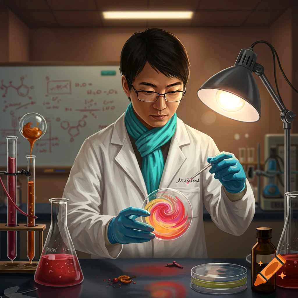 A food scientist in a lab coat and gloves, examining a colorful petri dish with a dropper.