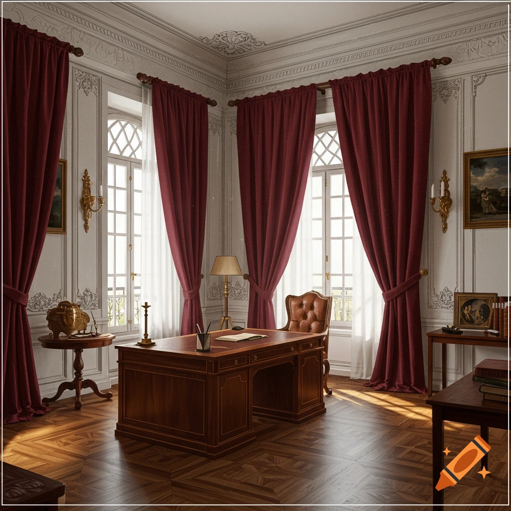 An ornate elegant office with burgundy curtains, white walls, a large wooden desk, and a leather chair.