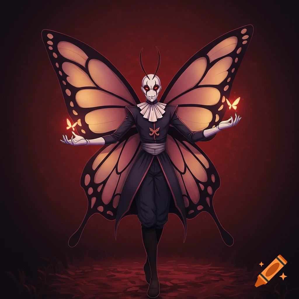 A person in a white butterfly mask and dark suit with large orange butterfly wings, holding glowing butterflies.