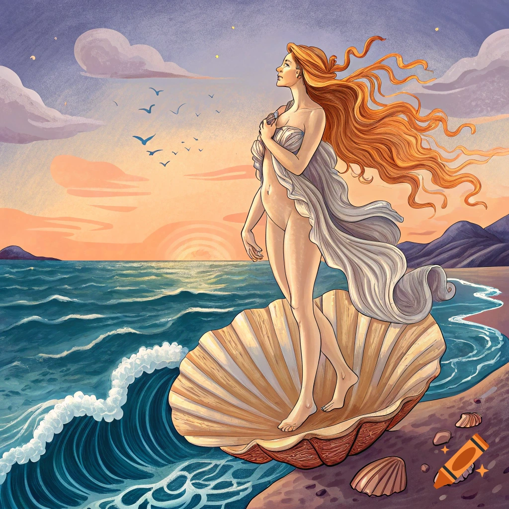 Illustrative depiction of Venus standing on a shell at sea during sunset.