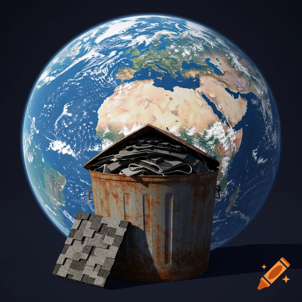 Digital render of Earth with a rusty trash can overflowing with roofing shingles in the foreground.